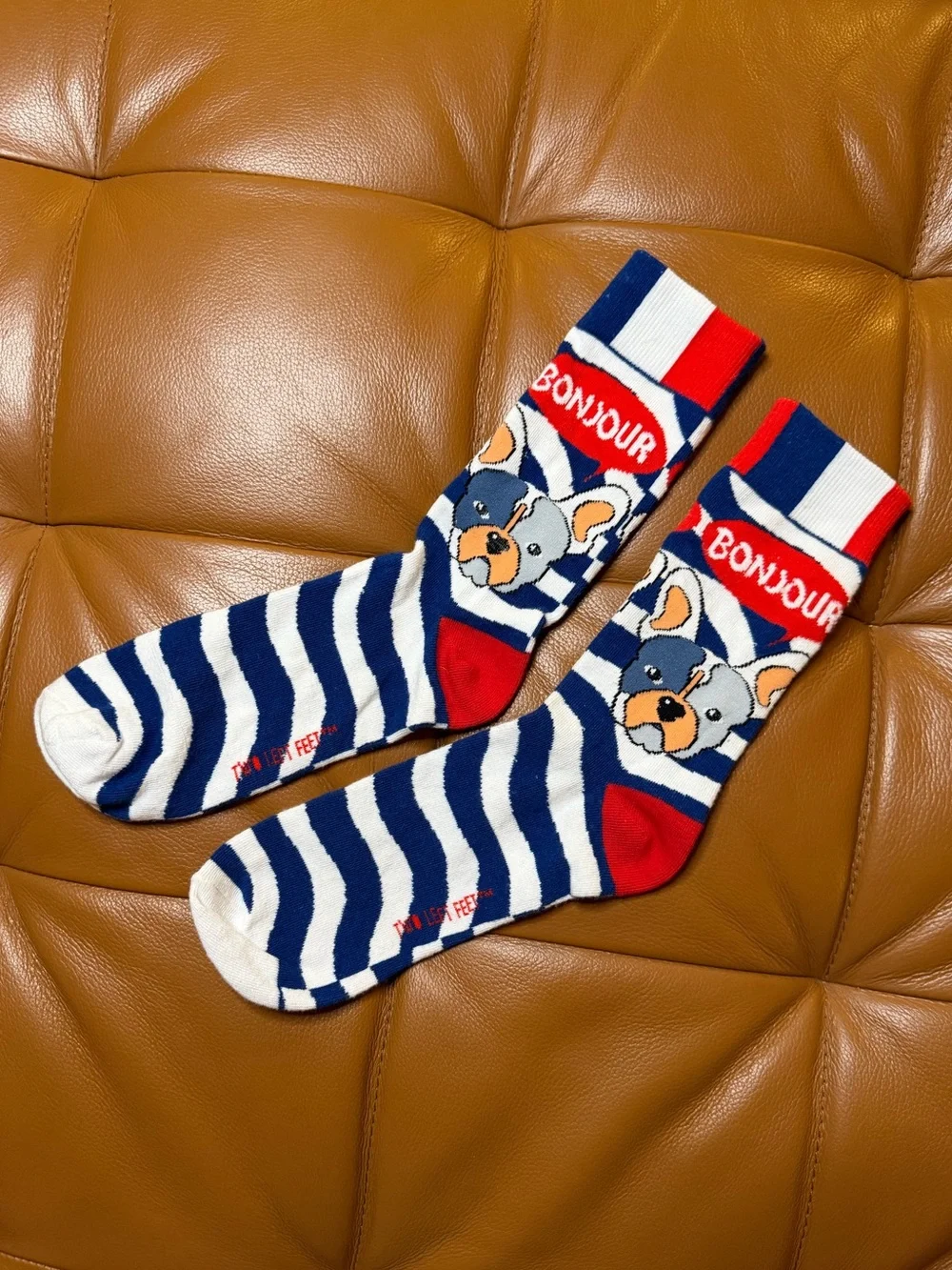 🐶🇫🇷 Bonjour French Bulldog Stripe Dog Socks - Blue, White & Red Unisex Medium
